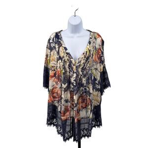 Coldwater Creek Floral Top WMNS 1X (16W-18W) Silk Boho Pleated Lace V-neck Plus